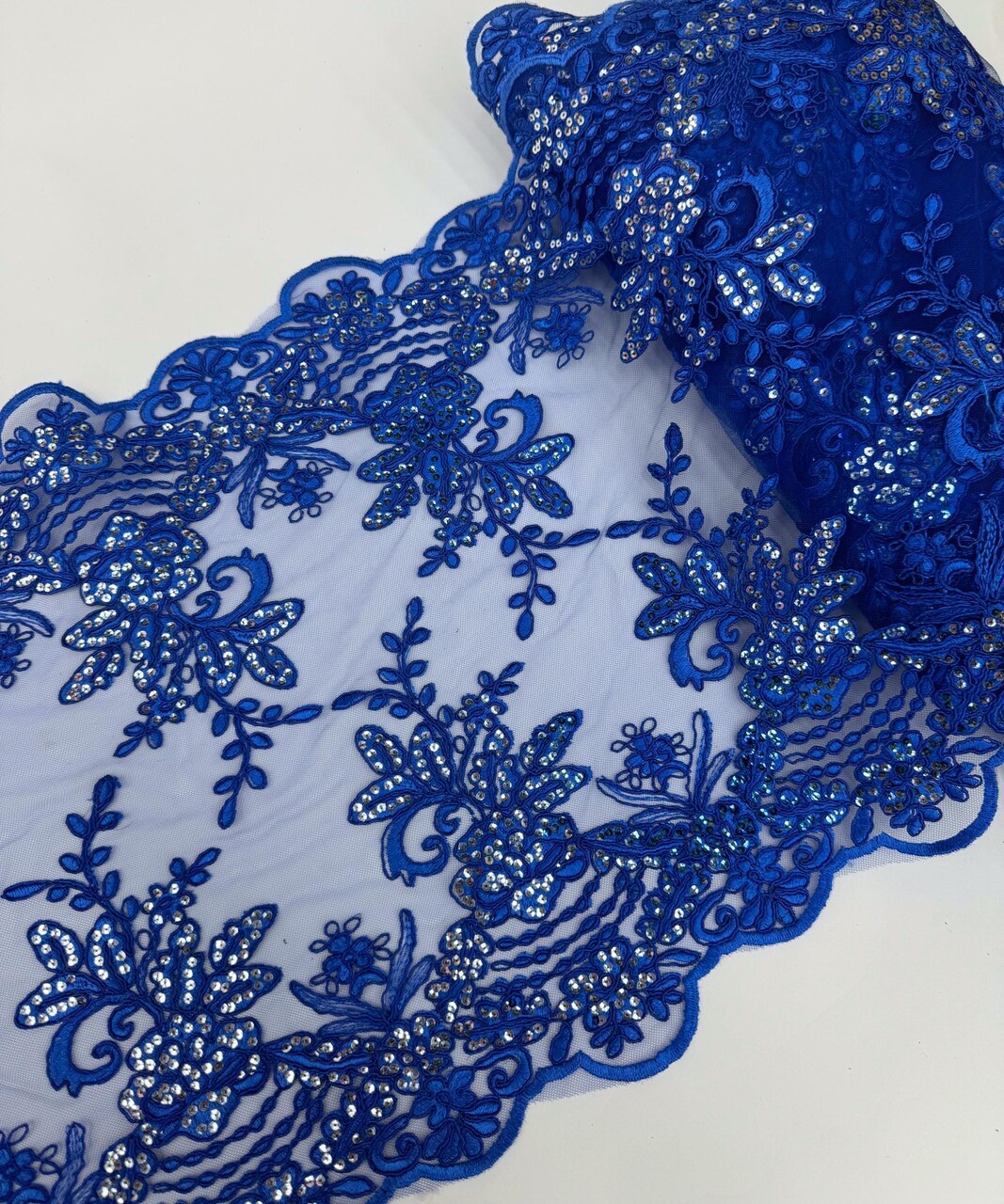 Royal Blue Floral Embroidered Lace Table Runner by the Yard, 14" Wide Sequin Mesh Lace Trim with Scalloped Edges